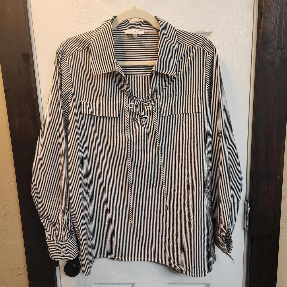 Calvin Klein Women's Striped Lace-Up Blouse- Size 0X